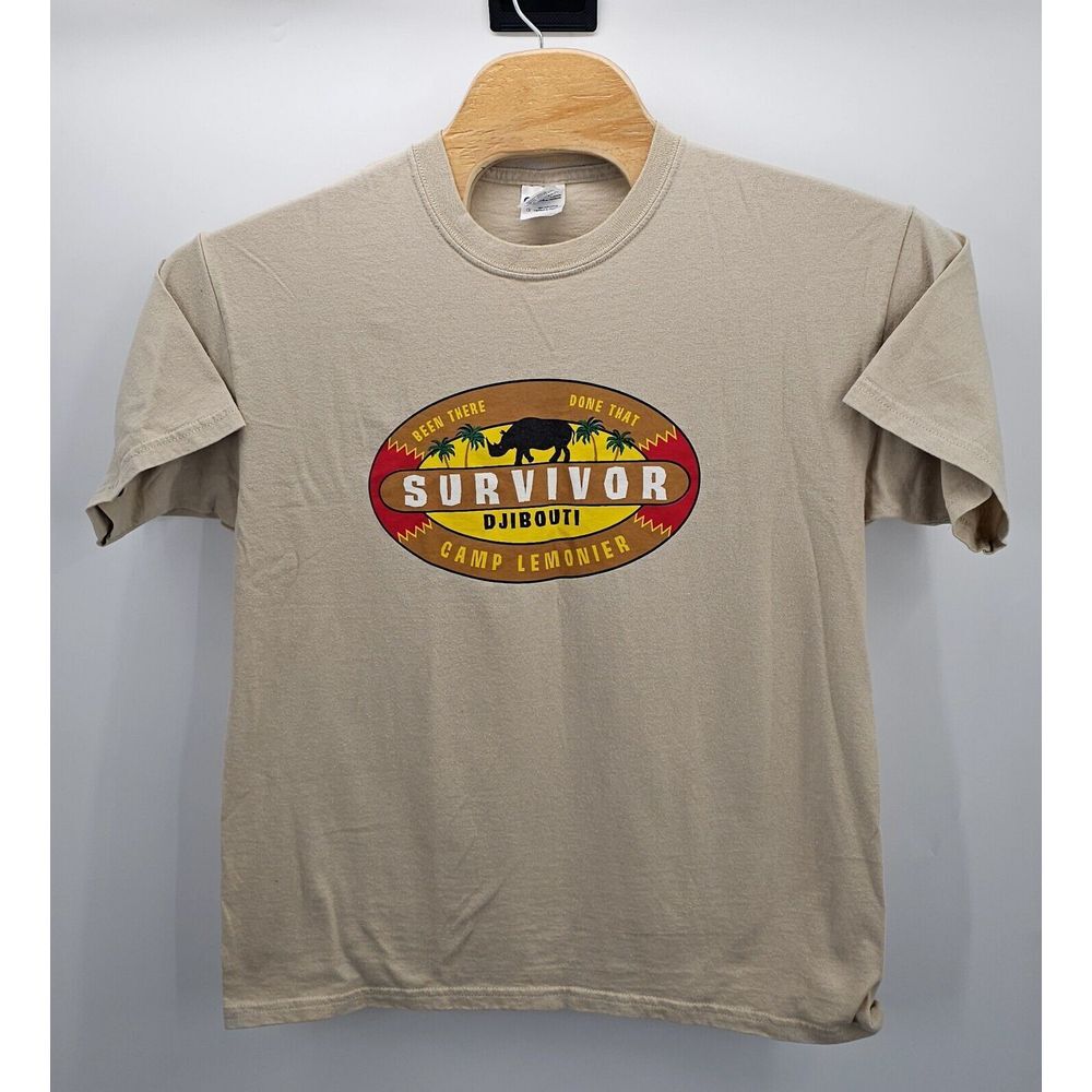 Vintage Gildan Survivor Shirt Size Large Adult TV Show CBS Tan Dijbouti Strategy